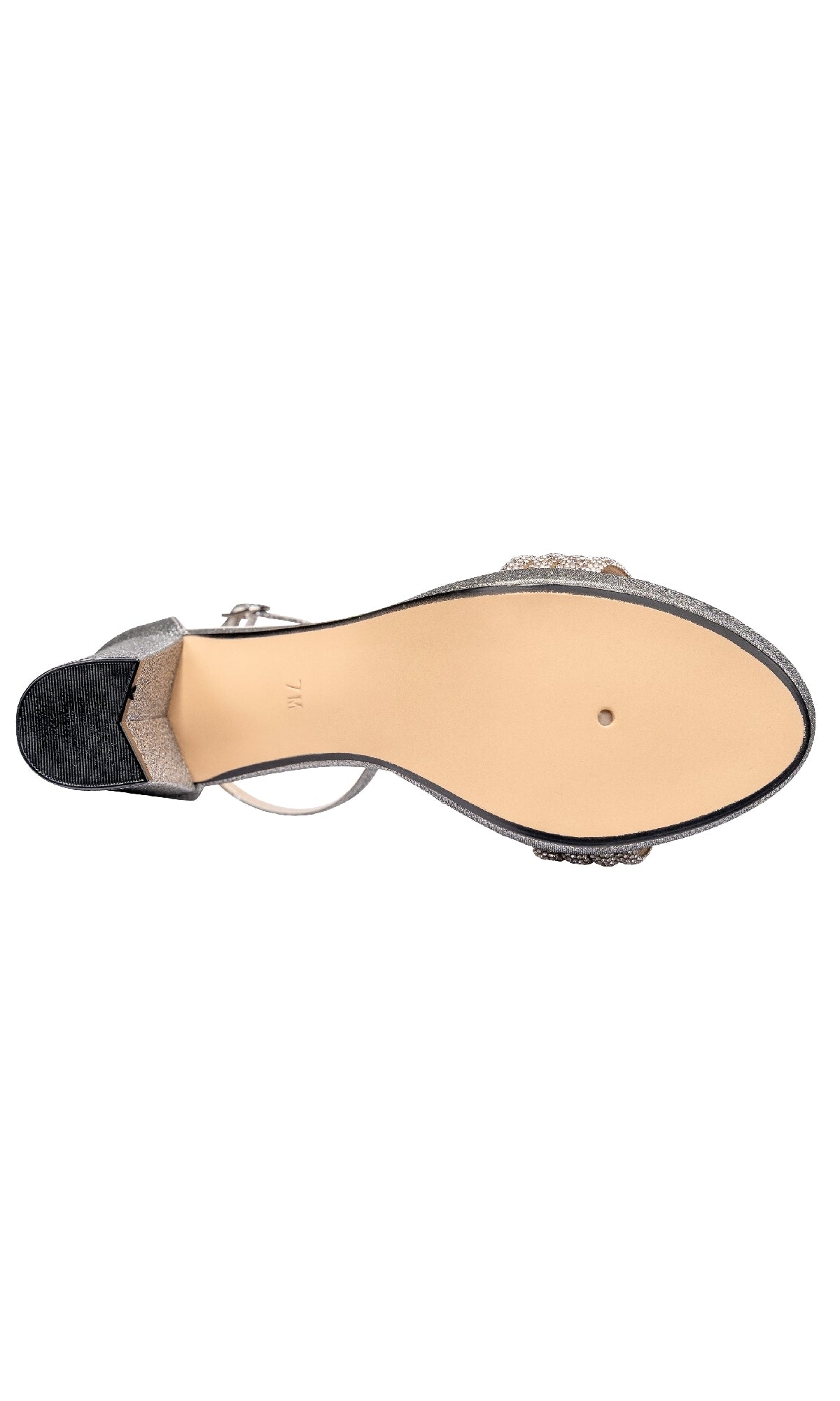 The underside of the Touch Ups 4658 Parker Pewter Glitter Prom Shoes for women shows a closed back, beige sole, and textured heel—highlighting their elegance for any special occasion.